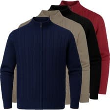 Image of Mens Full Zip Cable Knit Cardigan High Neck Ribbed Jumper Knitted Warm Textured
