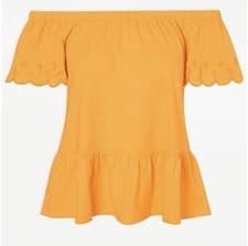 Image of George Ladies Orange Stretch Bardot Embroidered Cap Sleeve Frill top UK 14 BNWT