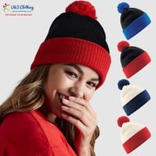 Image of Beechfield Two Tone Snowstar Beanie Hat Winter Bobble Cap Contrast Pom Pom Beany