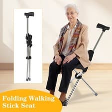 Image of 2in1 Folding Walking Stick Seat Aluminium Cane Seat Stool Seniors Cane w Seat