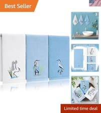 Image of 3 Pack Heron Coastal Hand Towels for Bathroom 100% Cotton Embroidered Beach B...