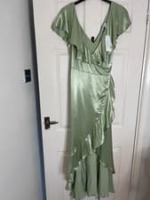 Image of Topshop Bridesmaid Satin Frill Wrap Dress In Sage Green Size 12 New