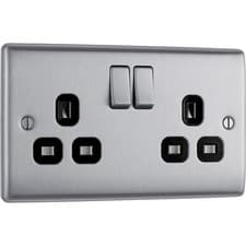 Image of BG Nexus Brushed Steel 2 Gang Switched Socket Black Inserts 13 Amp DP