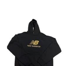 Image of New Balance Essentials Stacked Logo Pullover Hoodie in Black/Gold size S