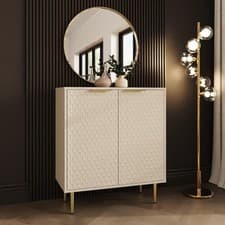 Image of Compact Sideboard Ivory 2 Door Honeycomb Textured Gold handles and Legs Azariah