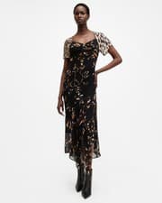 Image of AllSaints Women's Black Midi Dress Sweetheart Neck EcoFriendly Fabric Size UK 8