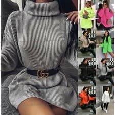 Image of Womens Ladies Chunky Knitted High Polo Roll Over Neck Oversize Jumper Dress Top