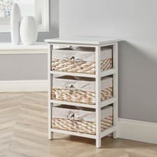 Image of Wooden Storage Unit 3 Drawer Wicker Basket Chest Organiser White Fully Assembled