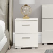 Image of Lido 2 Drawer Bedside Cabinet, Gloss White Finish, Silver Handles and Feet