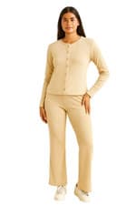Image of Women's Ribbed Knitted Co-Ord Set Lounge Wear | Button Top & Wide Leg Trousers