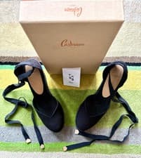 Image of Castaner Black Canvas Espadrilles with Straw Wedges, Sz 37, RRP £110