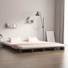 Image of Low To Floor Grey King Size Bed Frame Pallet Style Pine Wood 150x200cm Bedroom