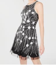 Image of Adrianna Papell Sequined Mesh Sheath Dress. Black with White Flowers. Size 14
