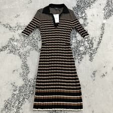 Image of Theory Dress Womens Size M Ribbed Stripe Knit Midi Polo Collar Brown Black NWT