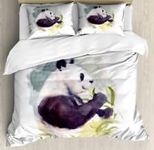 Image of Panda Duvet Cover Set Watercolor Animal Eats Bamboo