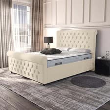 Image of Modern Sleigh Upholstered Plush Velvet Ottoman Gas lift Storage Double Bed Frame