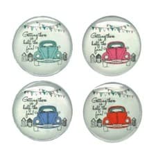 Image of VW VOLKSWAGEN BEETLE GETTING THERE IS HALF THE FUN SET OF 4 GLASS FRIDGE MAGNETS