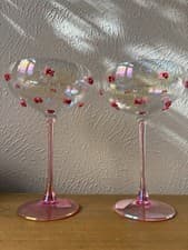 Image of New PINK BOW w/Gem Heart COUPE GLASSES Martini Margarita Rare Viral SET OF 2