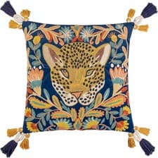Image of Regal Leopard Embroidered Velvet Cushion Cover, Royal Blue