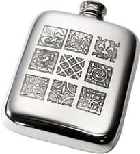 Image of 4oz Pewter Hip Flask with Medieval Tile Motifs Style Pattern Embossed Bright