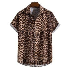 Image of Men Leopard Print Shirt Casual Short Sleeve Button Down Summer Beach Top