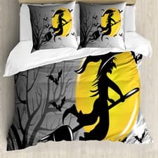 Image of Halloween Duvet Cover Witch Flies on Full Moon