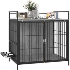 Image of PawHut Dog Crate Furniture with Rotating Bowl Holder for Medium Dogs, Grey