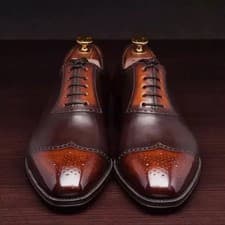 Image of Mens Handmade Brown Leather Oxford Cap Toe Brogue Brogue Lace Up Shoes Men
