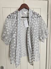 Image of TED BAKER BLOUSE WhiteShort Puff Sleeve Grey Top Shirt NEW BNWT bow tie Size 3