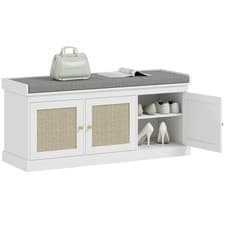Image of HOMCOM Shoe Storage Bench with Rattan Doors, Cushion, Entryway Shoe Bench