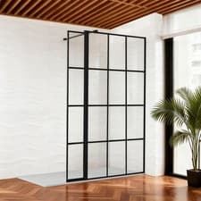 Image of Wet Room Shower Screen Black Grid Fixed 8mm Glass with Flpper Panel