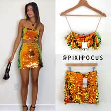 Image of ZARA NEW [ 2 PIECE ] METALLIC SEQUIN SET SKIRT + TOP DUOCHROME M MEDIUM
