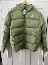 Image of Adidas Men's Essentials Midweight Down Hooded Stripes Jacket Down Jacket Size L