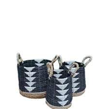 Image of Storage Basket Set Of 3 Tribal Handcrafted Rattan Baskets With Handles