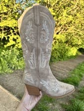 Image of Beige Embroidered Western Cowboy Boots - Festival/Holiday Season Essential.
