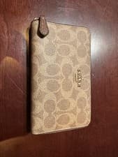 Image of Coach NWOT Medium Id Zip Wallet In Signature Brown Canvas - Gold/Tan/Brown