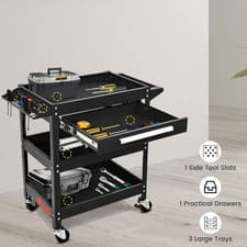 Image of 3 Shelf Tier Storage Tool Trolley Drawer Wheel Cart Garage Workshop Portable