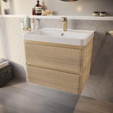 Image of 600mm Bathroom Cloakroom Vanity Unit Basin Sink Wall Hung Fluted Oak Unit 2 Draw