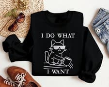 Image of I Do What I Want Cat Sweatshirt Embroidered Funny Kitten Women Crew Neck Jumper