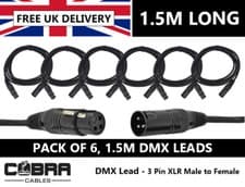Image of 6 x DMX Leads 1.5m - 3 Pin XLR Male to Female- High Quality Connectors & Cable