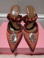 Image of Handmade Italian Burnt Orange Satin Mule Heels – Crystal Detail – Unworn