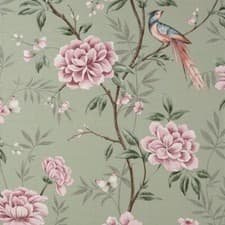 Image of AKINA FLORAL PINK SAGE GREEN BIRDS LUXURY FABRIC EFFECT QUALITY WALLPAPER M1724