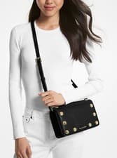 Image of Michael Kors Black Gold Designer Holly Medium Pebbled Leather Crossbody Bag NEW