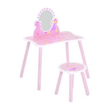 Image of HOOMCOM Girls Kids Pink Dressing Table Make Up Play Set Desk Chair Mirror Wooden