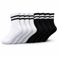 Image of Womens Crew Socks 3 6 12 Pack Black White Stripe Cotton Trainer Sports UK