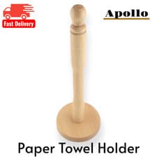 Image of Kitchen Towel Paper Roll Holder Beechwood Wooden Pole Stand Spike 8419