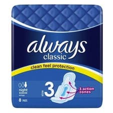Image of Always Classic Night Sanitary Towels Size 3 Wings – 24 Pads (3x8)