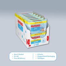 Image of Huggies Pure Plastic Free Baby Wipes Pack of 12 x 60 - 720 Fragrence Free Wipes