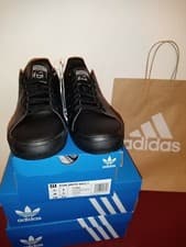 Image of ADIDAS ORIGINALS STAN SMITH VULC J YOUTH KIDS LEATHER TRAINERS ALL BLACK FY3068