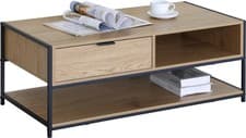 Image of Modern Coffee Table with Drawer & Shelf 100x50x40cm Oak Effect & Black Frame